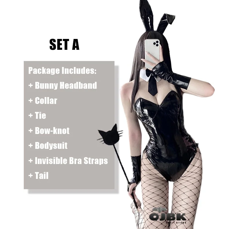 Cosplay Bunny Costume PU Leather One Piece Bodysuit Mai Sakurajima Rabbit Suit Kawaii Ears 8 Pcs Anime Outfit For Women 2021 New