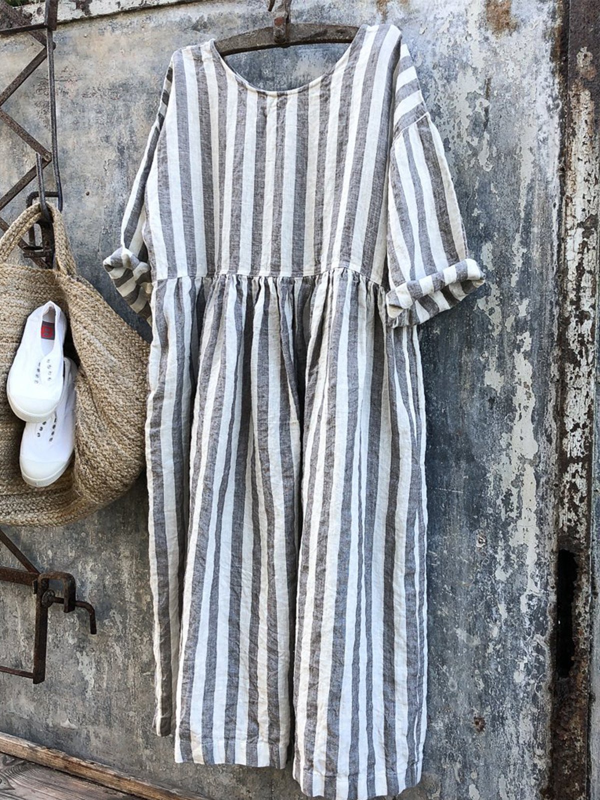 Women Gray/Blue and White Stripe Linen Dress