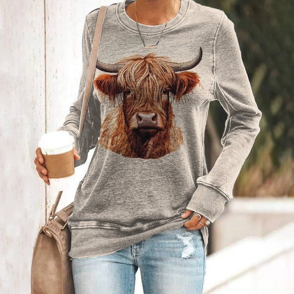 Vintage Southwest Highland Cow Print Casual Sweatshirt