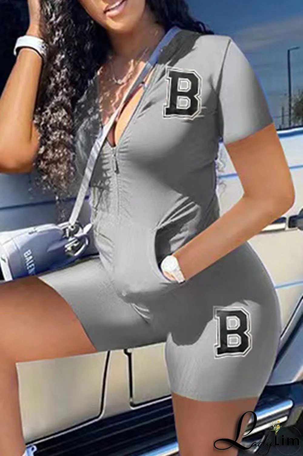 Peacock Blue Fashion Casual Letter Print Basic Zipper Collar Short Sleeve Two Pieces