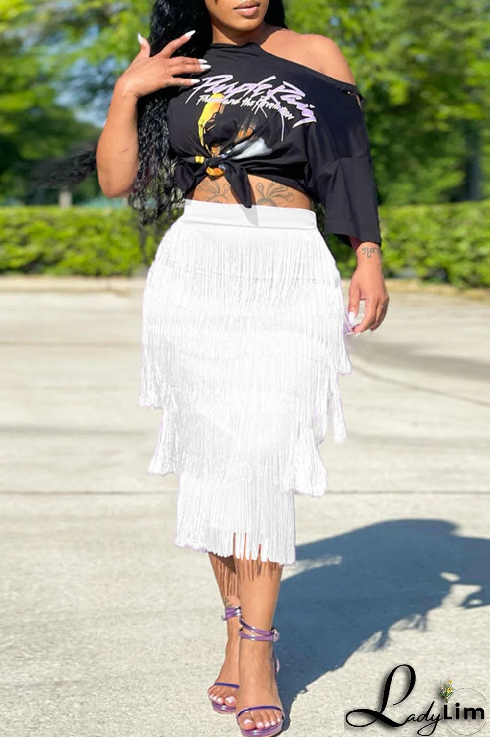 Purple Casual Print Tassel Split Joint O Neck Short Sleeve Two Pieces