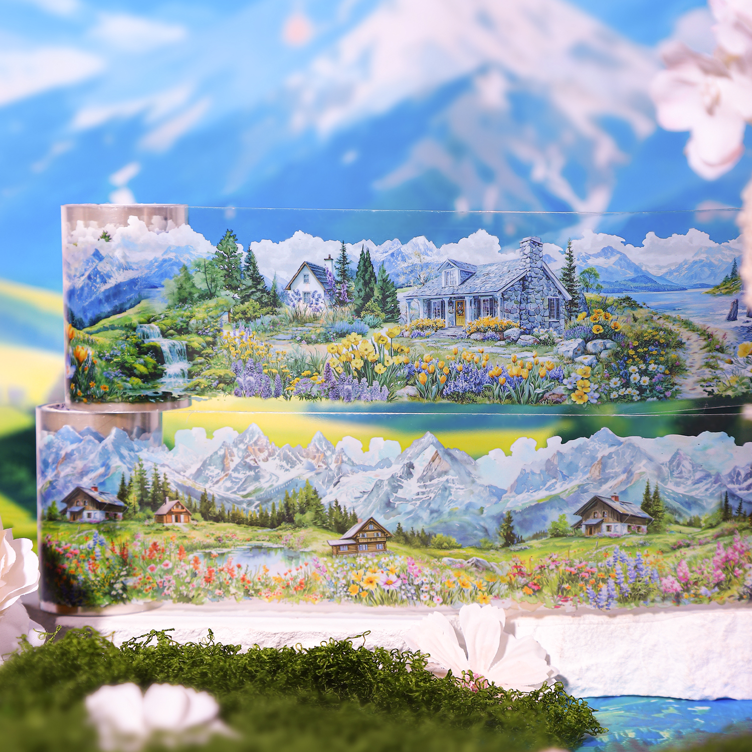 PET 테이프 - 65mm*200cm 야생 속 작은 마을 시리즈 빈티지 꽃 식물 풍경