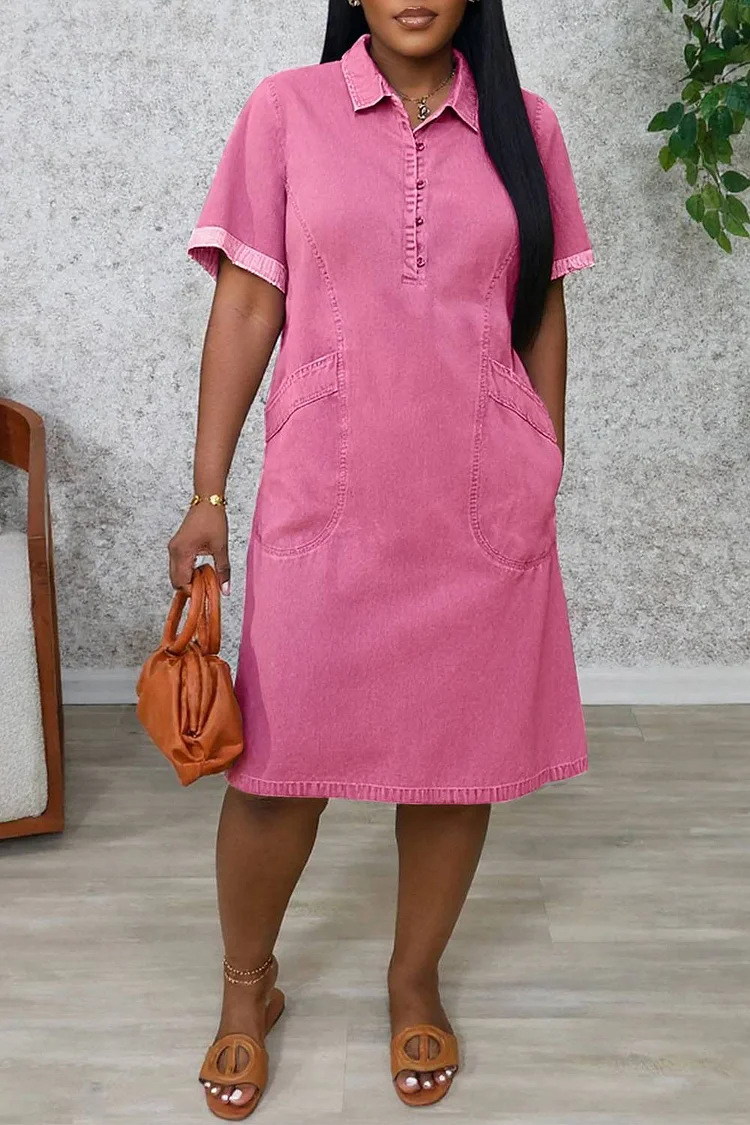 Plus Size Vacation Blue Shirt Collar Short Sleeve Casual Tencel Denim Midi Dresses [Pre-Order]