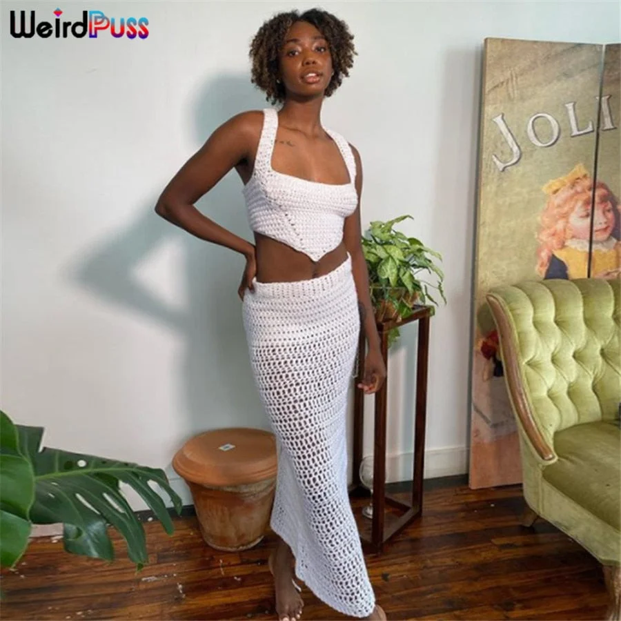 Weird Puss Elegant Party Knit 2-Piece Set Women Skinny Irregular Camisole+Lace Up Low Waist Skirts See Through Matching Clubwear