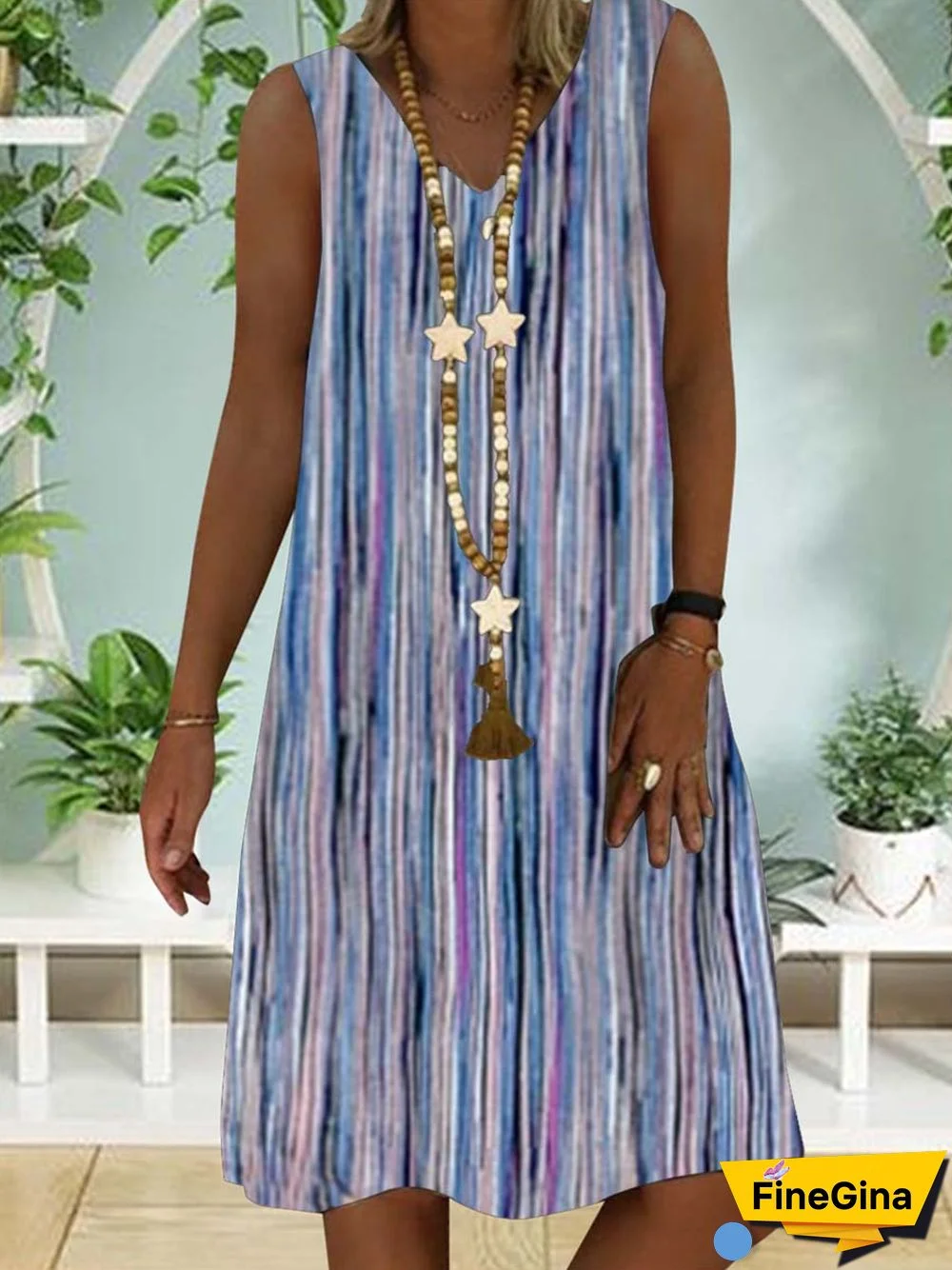 Women Casual Sleeveless V-neck Striped Printed Midi Dress