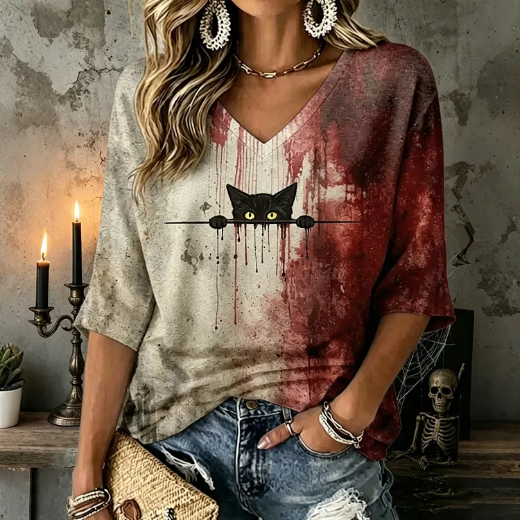 Women's Cute Cat With Blood Printed Mid-length Sleeves V-neck T-shirt