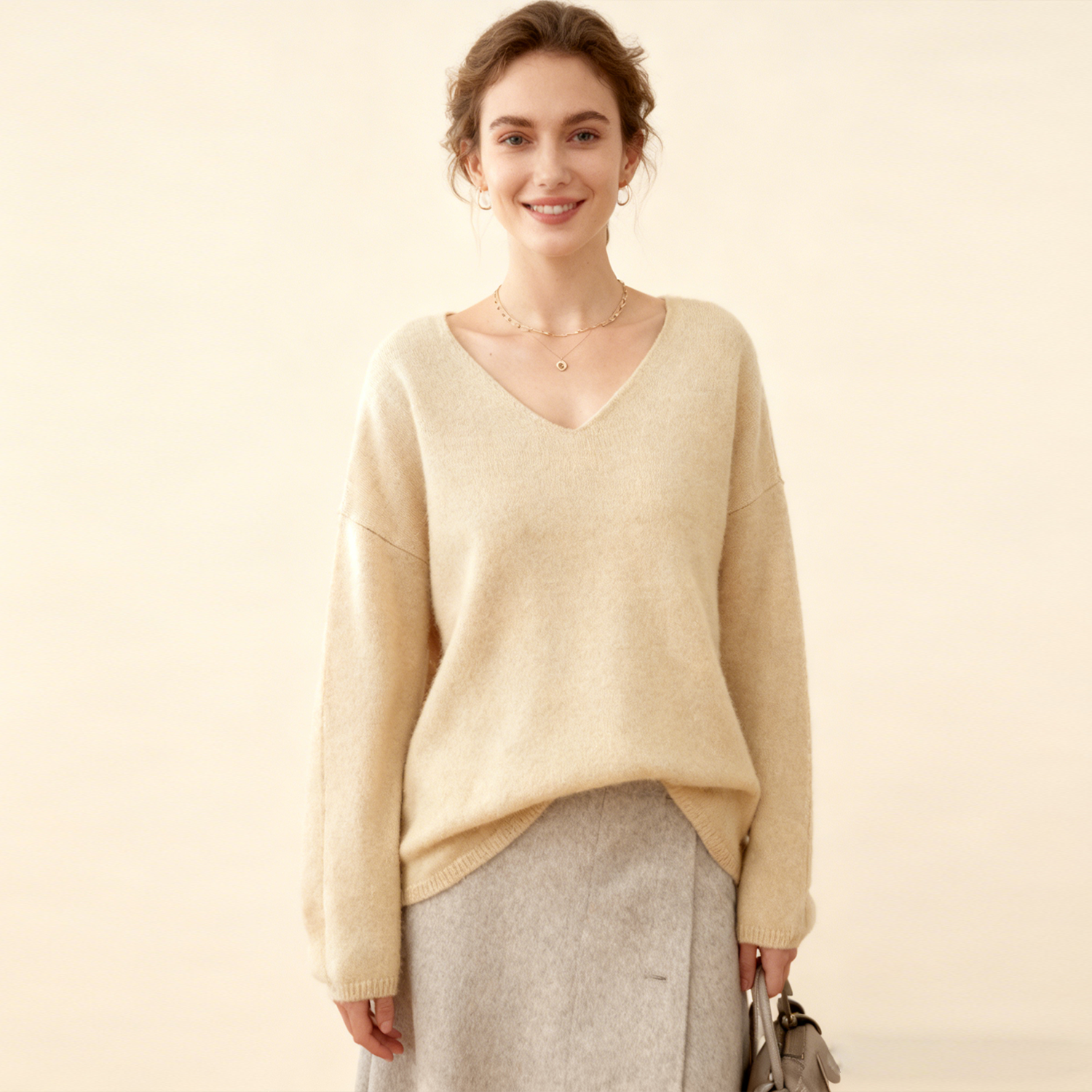Cashmere Sweater Jumper V-neck Loose Knit Classic REAL SILK LIFE