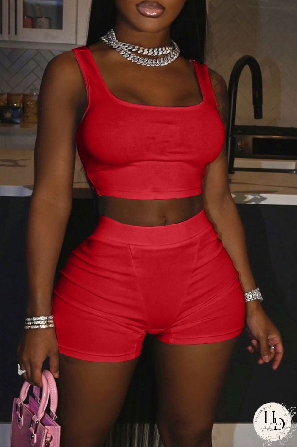 Red Solid Split Joint U Neck Sleeveless Two Pieces