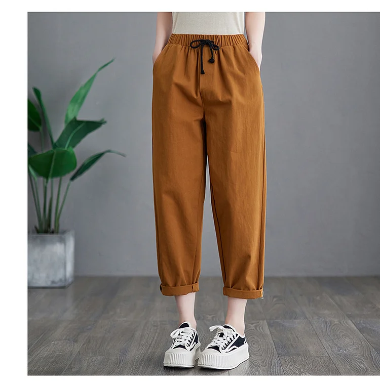 Literary Solid Color Lace-Up Elastic Waist Pants