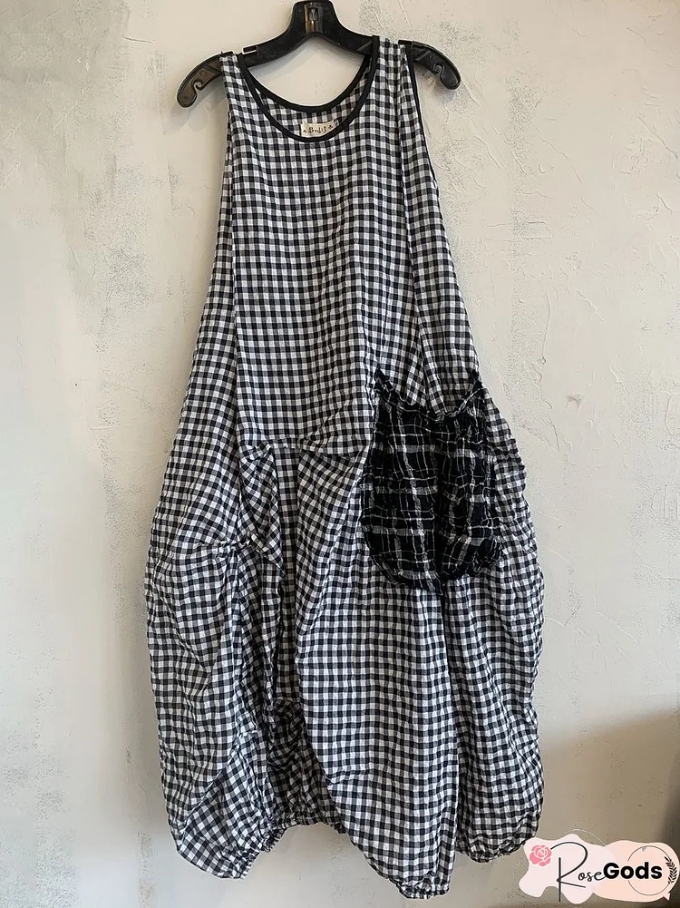 Plus Size Checkered Summer Midi Women Dress With Pockets