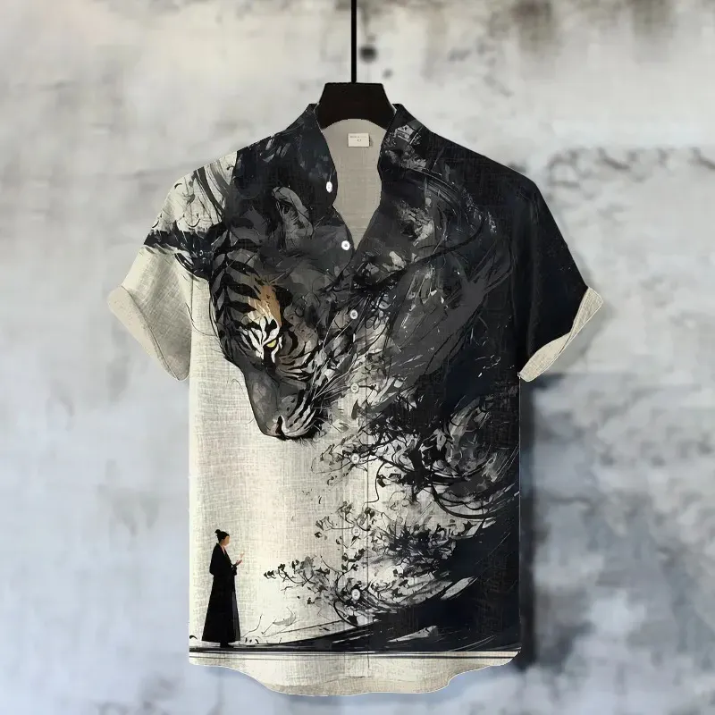 Men's Retro Japanese Samurai And Tiger Art Pattern Casual Shirt  artssus