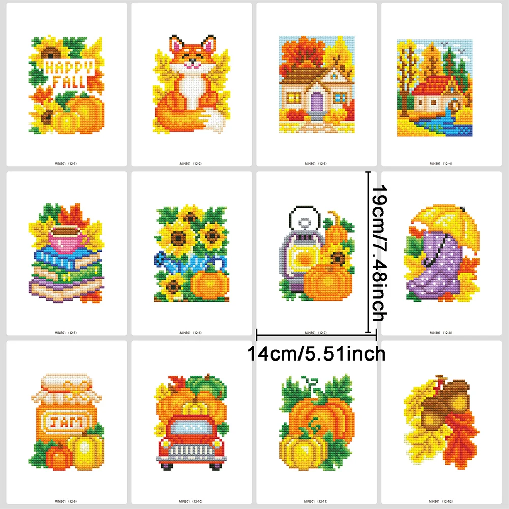 12pcs Autumn DIY Mini Round Diamond Painting for Desktop Decor No Frame(14*19cm)
