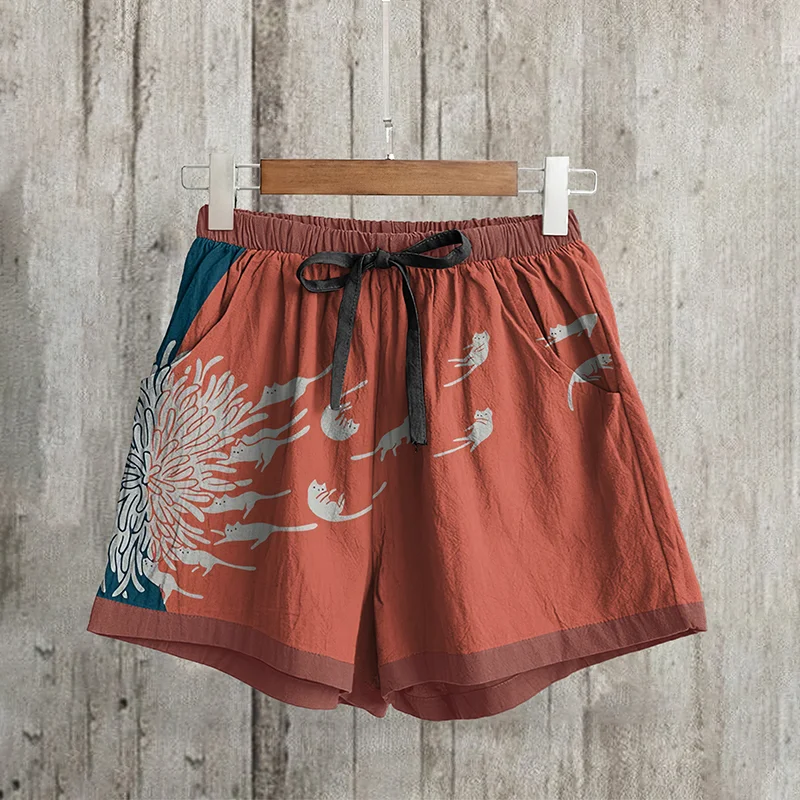 Casual Dandelion and Cat Printed Loose Shorts