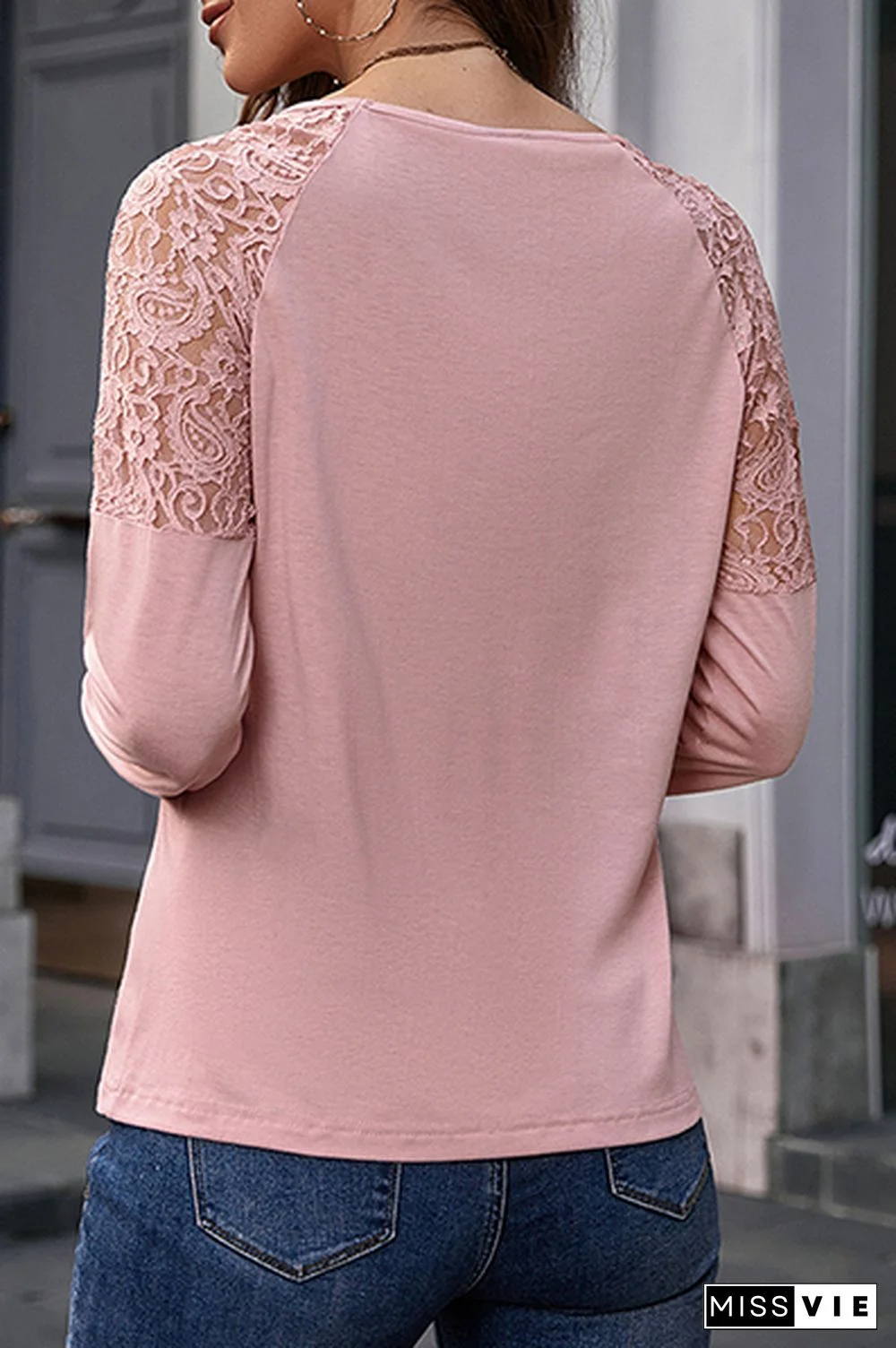 Casual Patchwork Lace Hollowed Out O Neck Tops
