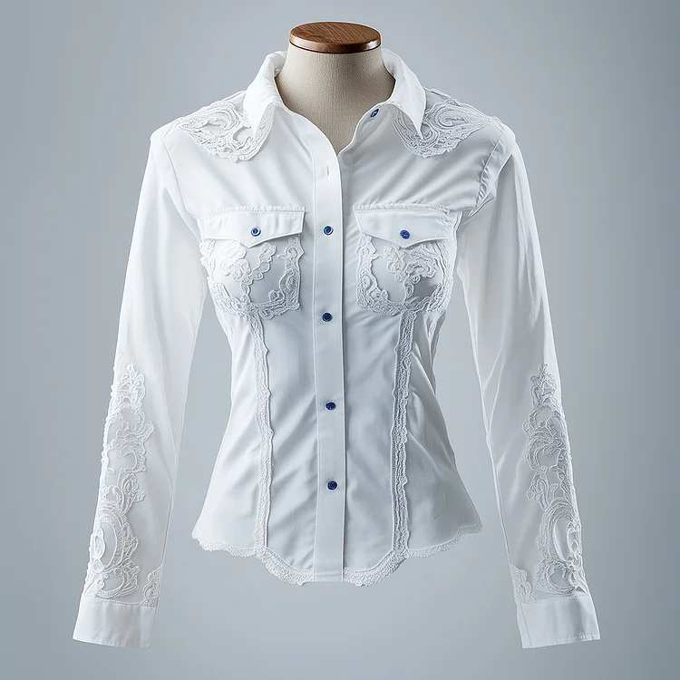 Ursime Western Lace Trim Button Long Sleeve Blouse