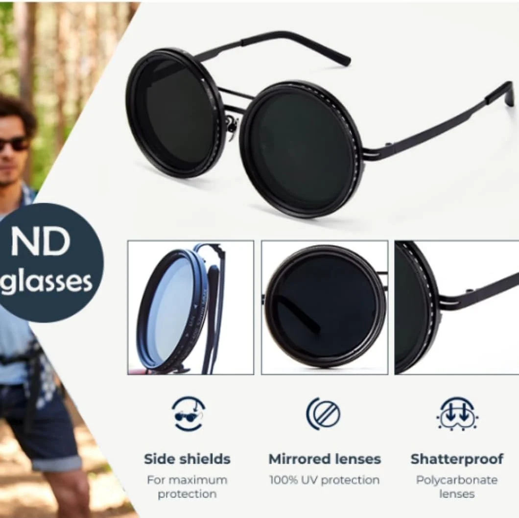 Adjustable Tint Sunglasses, Tint Adjustable Sunglasses, 1-9 Gears Rounded Polarized Glasses with Nd Filter Lenses Technology