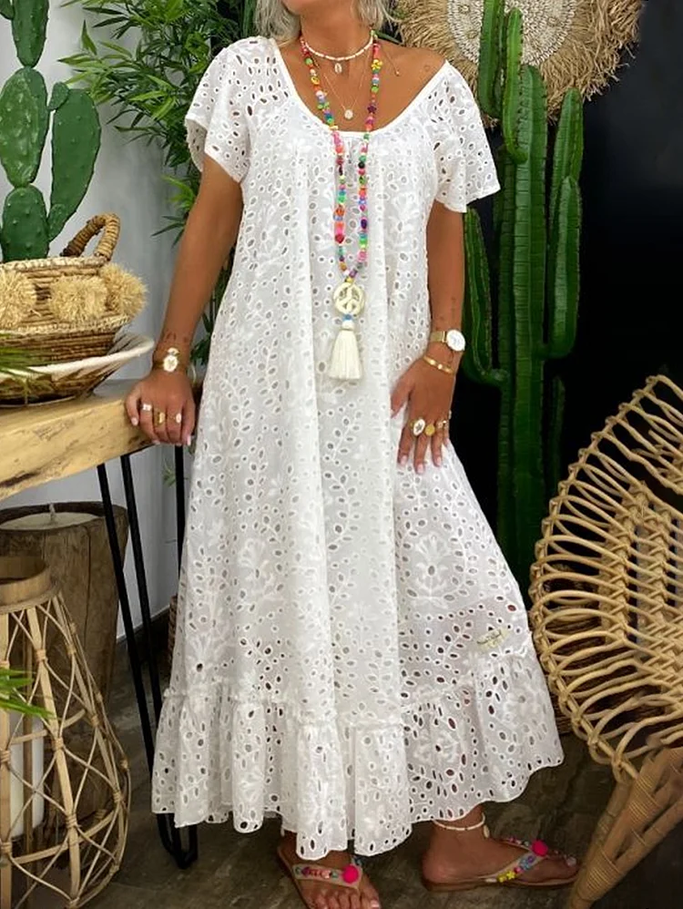 Casual Lace Crew Neck Hollow Short Sleeve Maxi Dress