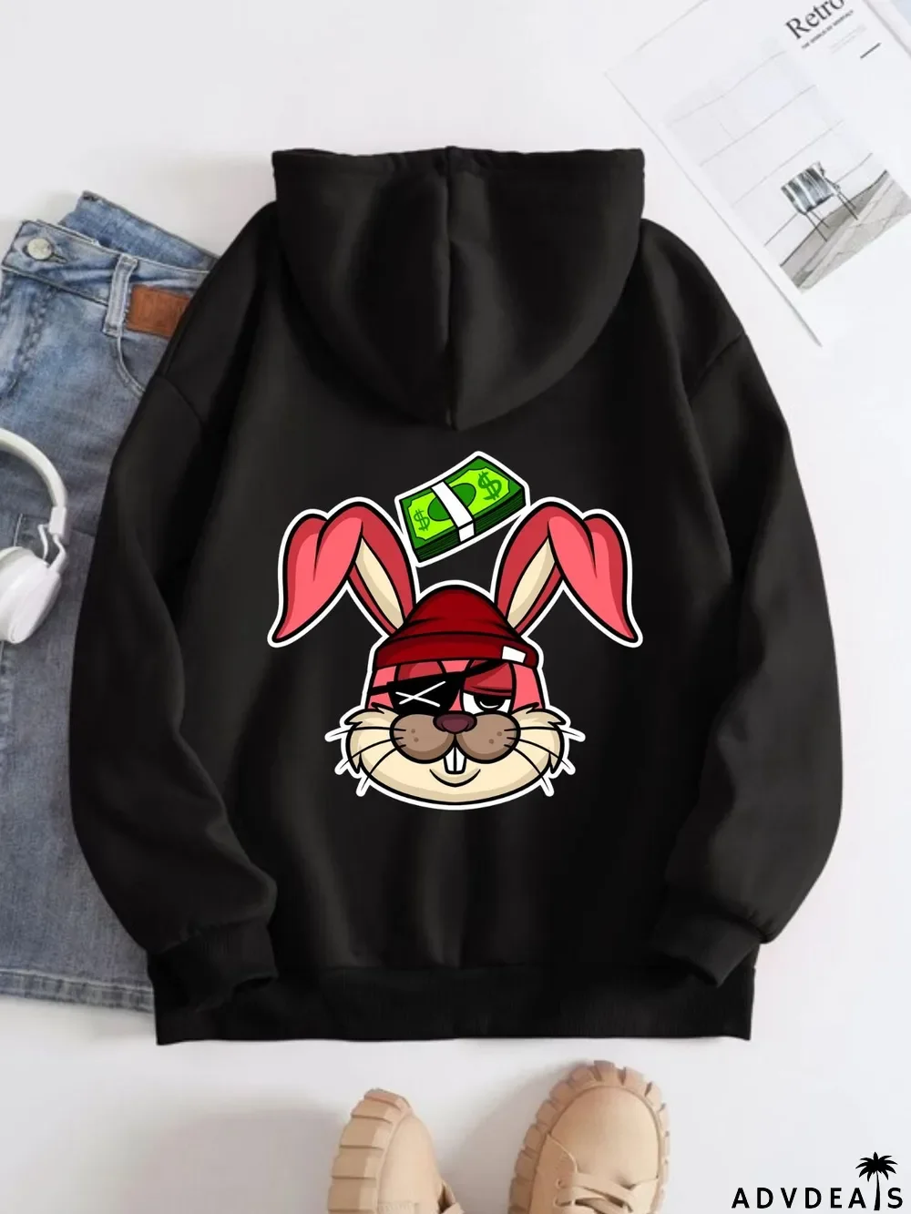 Printed on the Back Kangaroo Pocket Hoodie Long Sleeve for Women Pattern Pirate Doodle Rabbit and Money