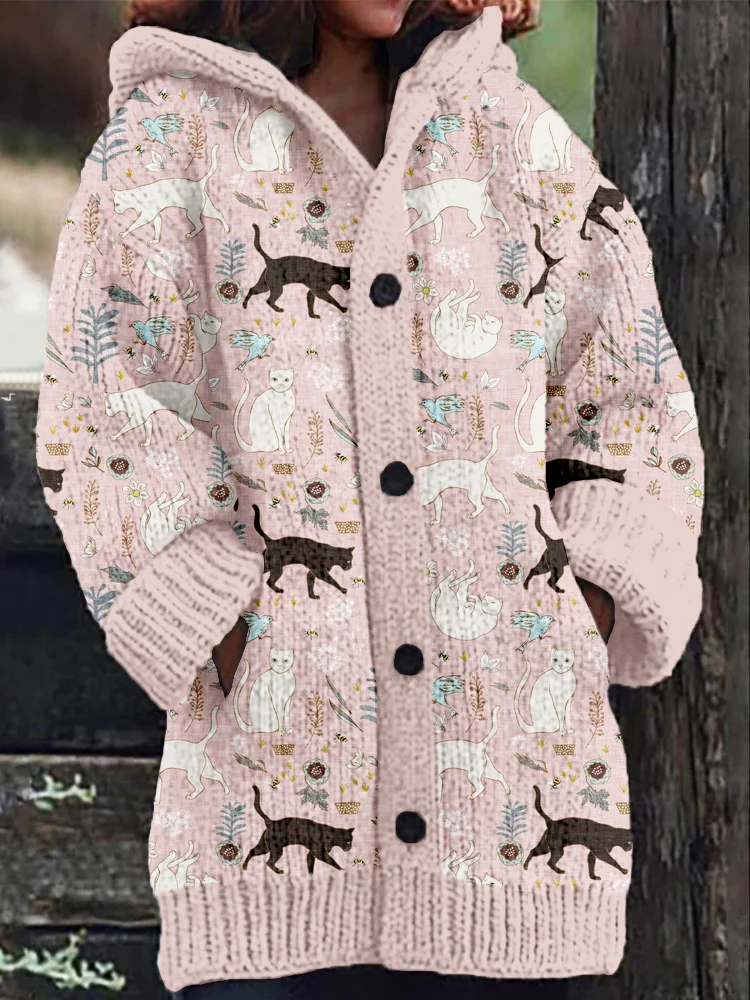 Lovely Cats Pattern Cozy Hooded Cardigan