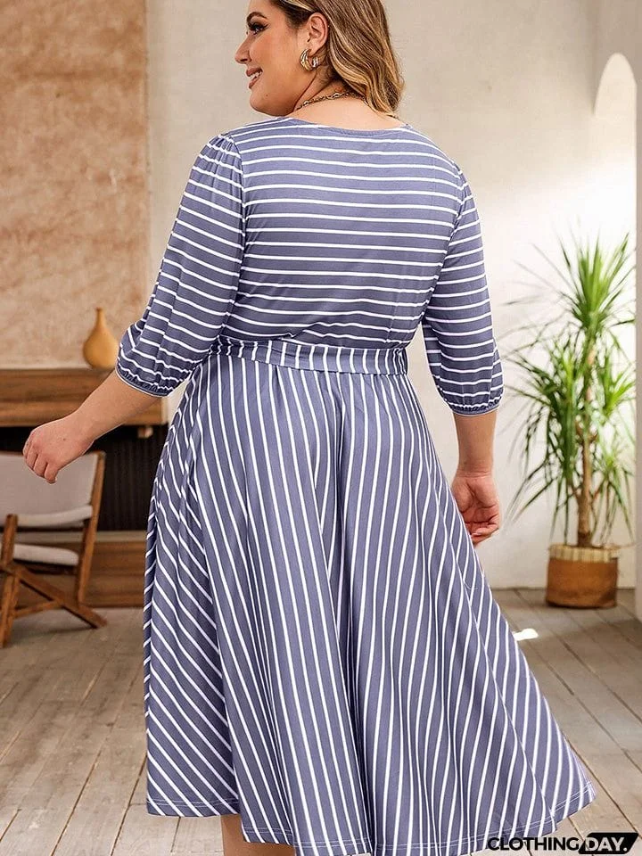 Plus Size Round Neck Striped Tie Waist Dress