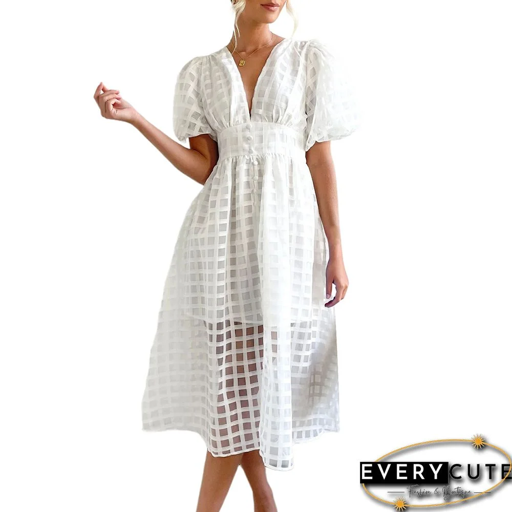 White V Neck Puff Sleeve Casual Party Dress