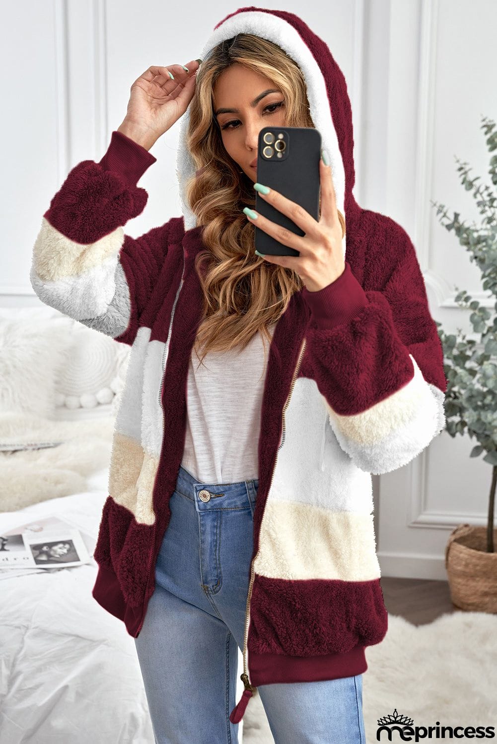 Colorblock Zip Up Sherpa Coat with Hooded