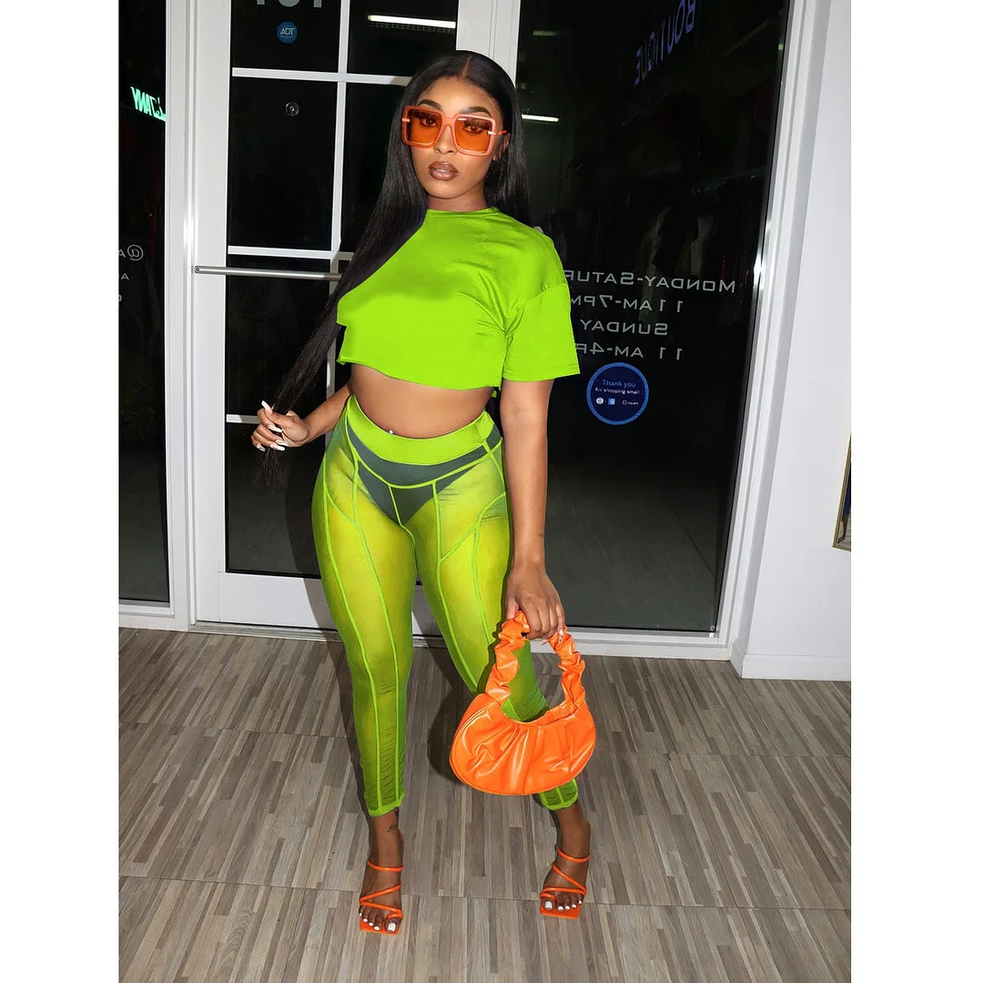 CM.YAYA Beach Sexy Women 2pcs Set Short Sleeve Tee Mesh See Though Leggings Set Sweatsuit Tracksuit Two Piece Set Outfits 2022