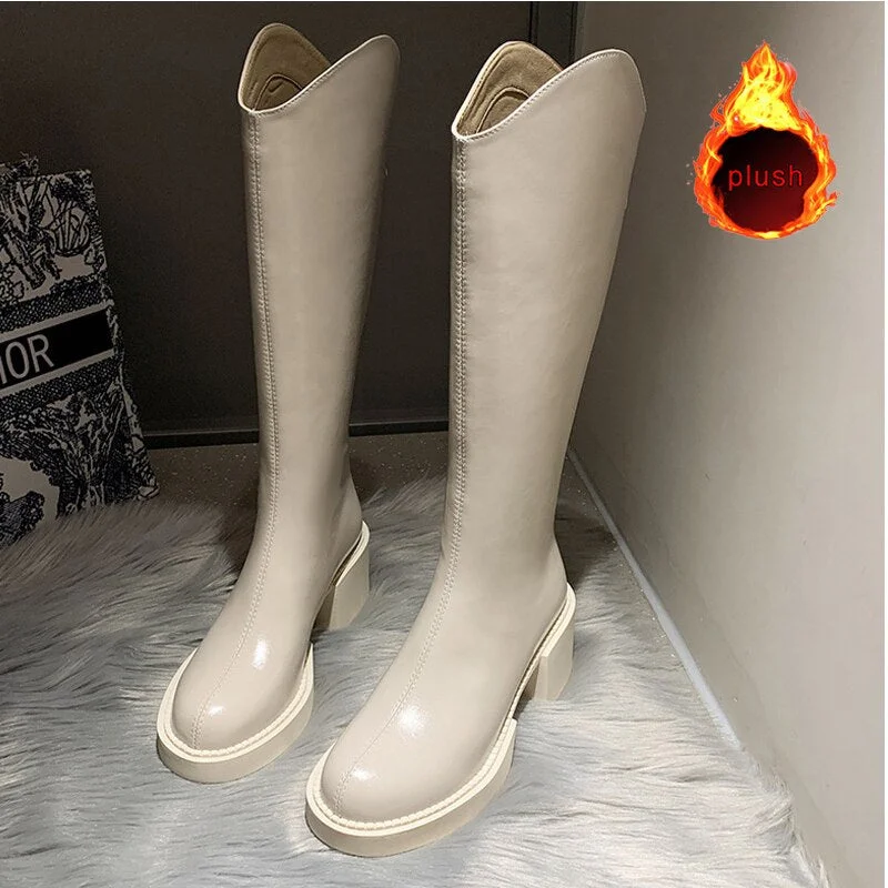 Women's Fashion Thigh High Long Boots Solid Square Heels Ladies Shoes Autumn Winter Soft Leather Zip Female Knee High Boots 2021