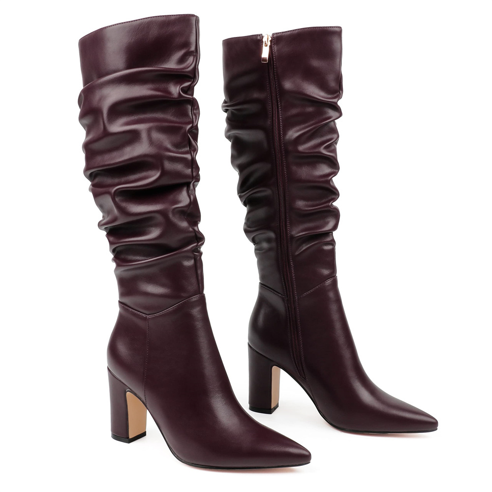 3.35"/8.5cm Women's Knee Boots Chunky Heels Zipper Fashion Sexy Matte Slouchy Boot-MERUMOTE
