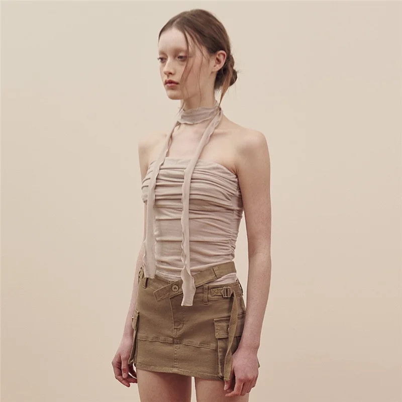 Toloer Toloer 2024 New Women's Solid Color Slim Fashion One Word Collar Pleated Sexy Show Back Vest-Outfit Ideas