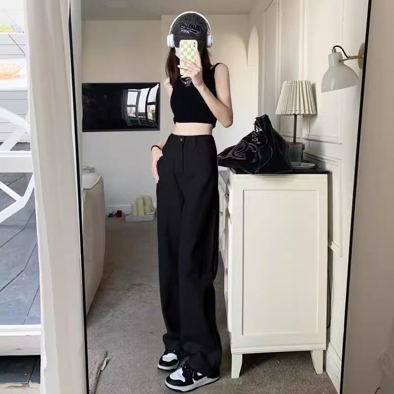Aiertu joker costume female outfit Black Wide-Leg Jeans Women's Spring and Autumn High Waist Loose Straight Pear-Shaped Cross-Covering Slimming Draping Mop Pants aiertu