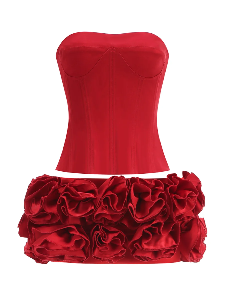 Brownm Three-Dimensional Flower Sexy Strapping Bra Two Sets Of Tight Floral Skirt Ultra-Short Skirt Dinner Skirt Dress