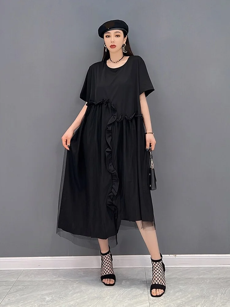 Casual Green O-neck Mesh Patchwork Fungus Edge Decor Short Sleeve Dress
