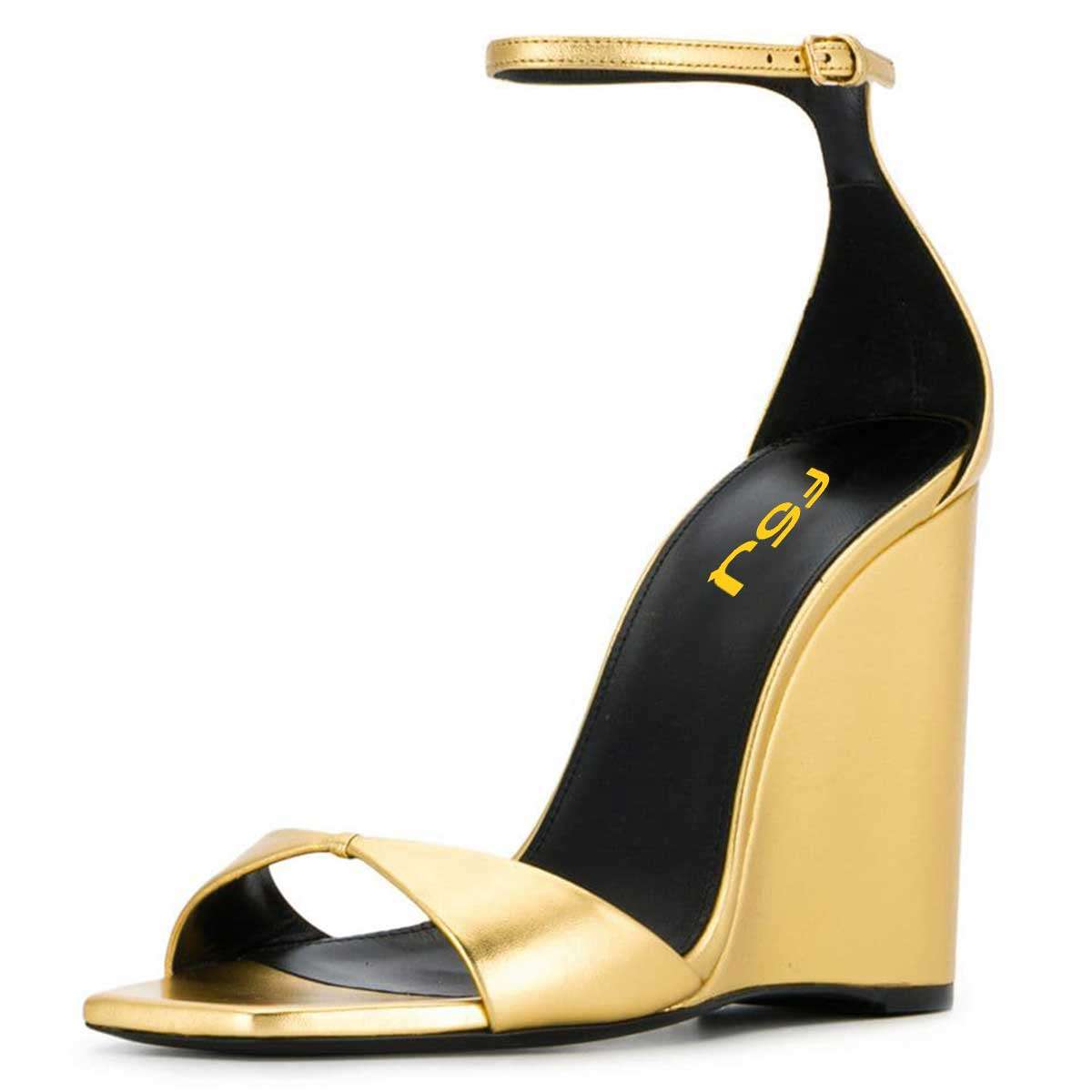 Women's Gold Ankle Strap Heels Open Square Toe Wedge Sandals