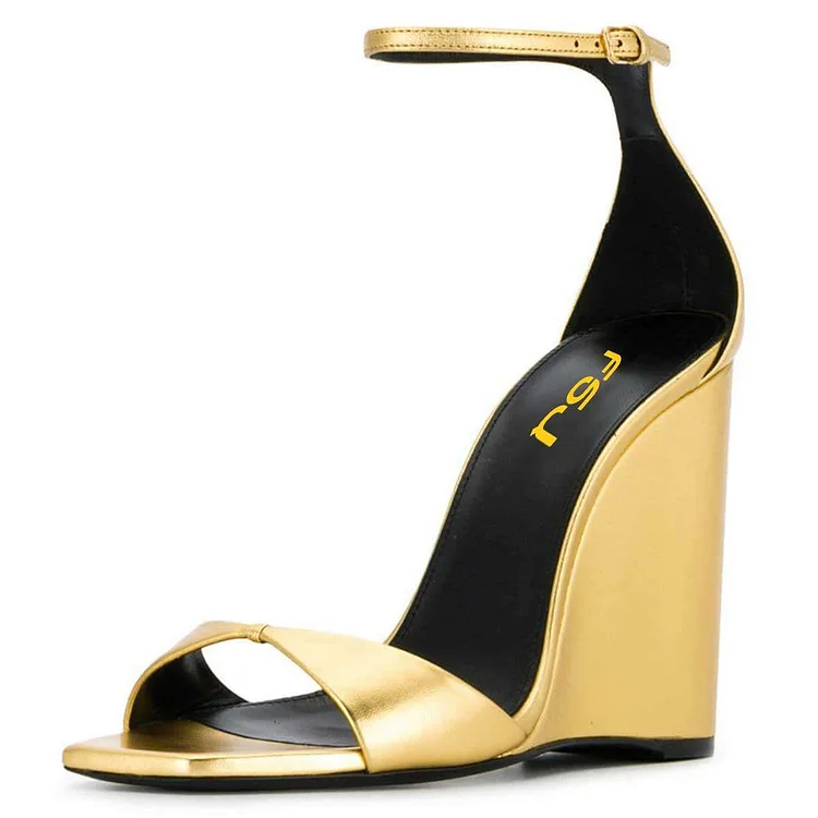 Gold Ankle Strap Wedge Sandals |FSJ Shoes