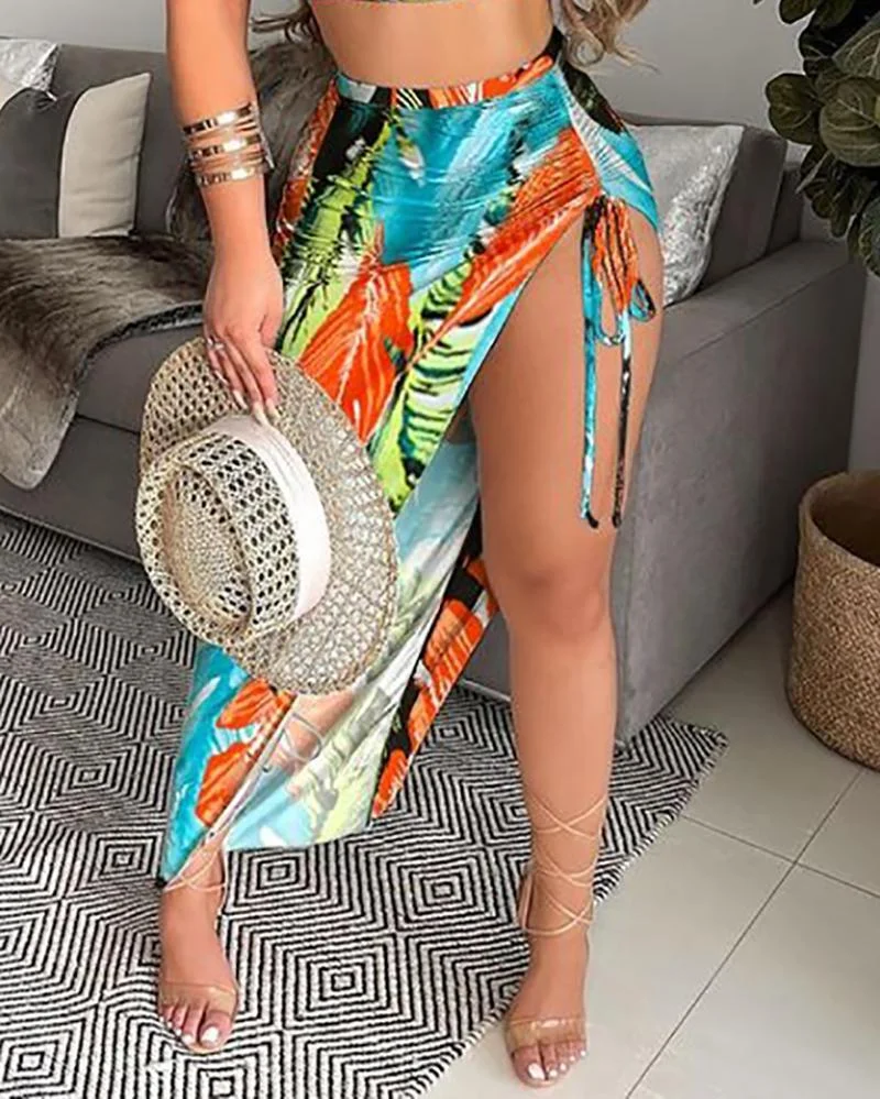 Print Drawstring Top & High Slit Skirt Set