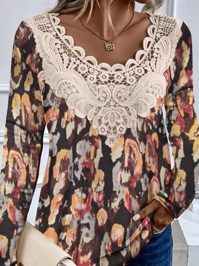 Women's Long Sleeve Scoop Neck Graphic Printed Lace Stitching Top