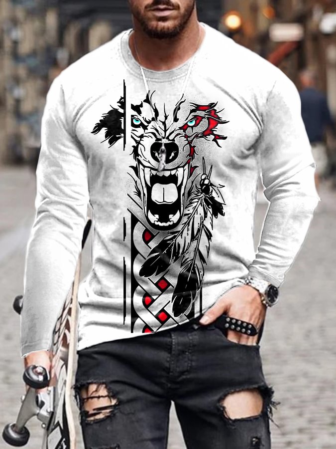Men's Wolf and Feather Print Casual T-Shirt