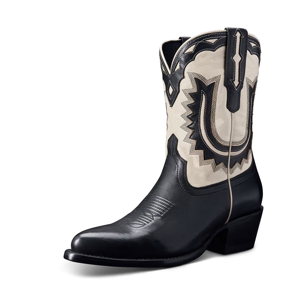 Black & Ivory Inlay Pointed Toe Chunky Heel Wide Calf Cowgirl Boots Nicepairs