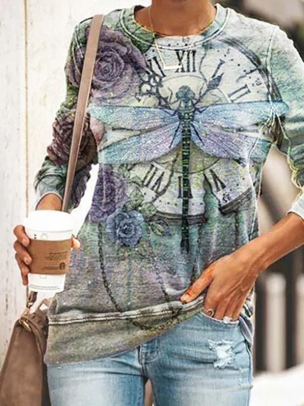 Women Vintage Dragonfly Print Round Neck Long Sleeve T-Shirt