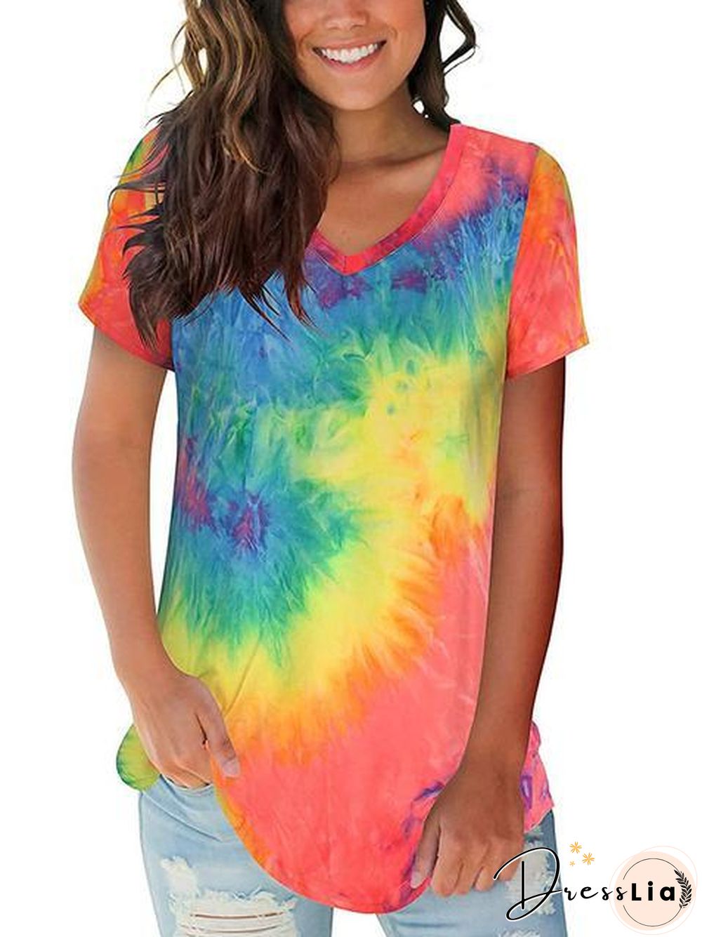 Tie-Dye Print V-Neck Loose T-Shirt
