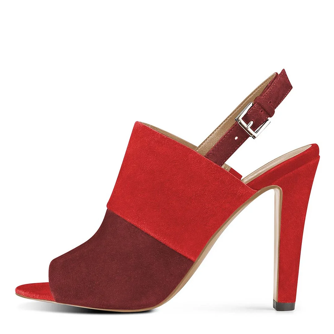 Red Vegan Suede Peep Toe Buckle Strap Slingback Chunky Heels