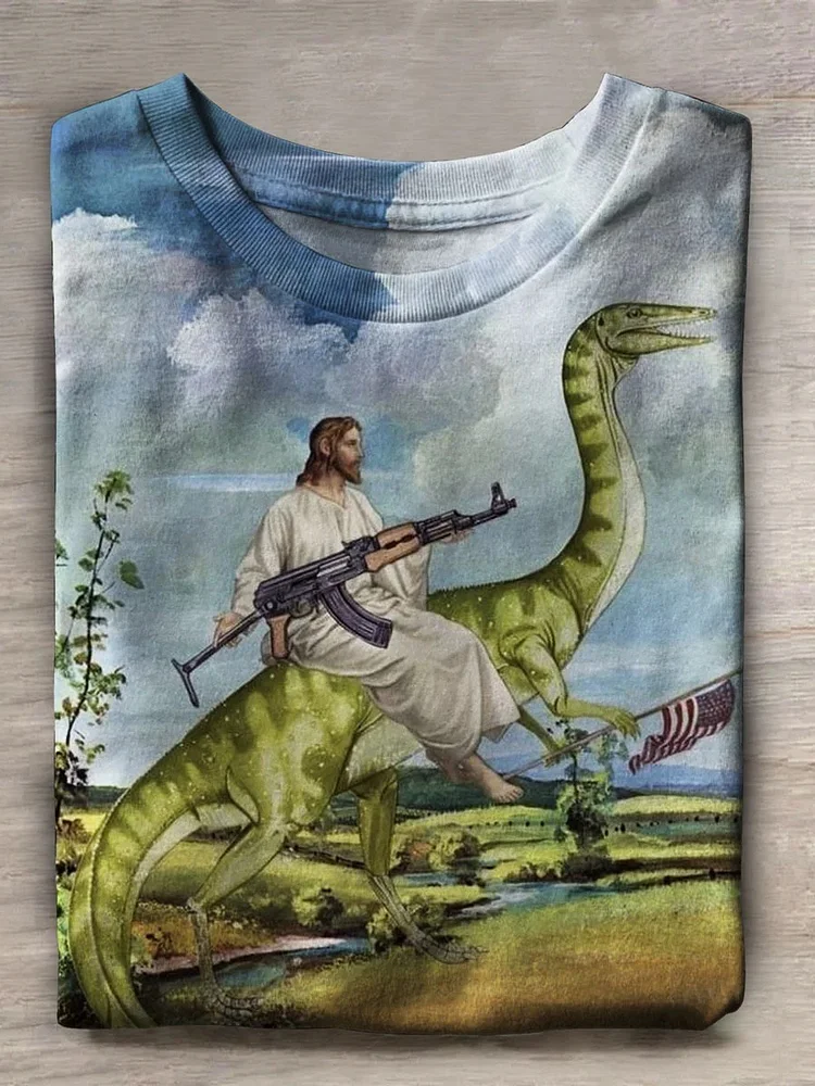 Teecade Teecade Vintage Jesus Print Short Sleeve T-shirt
