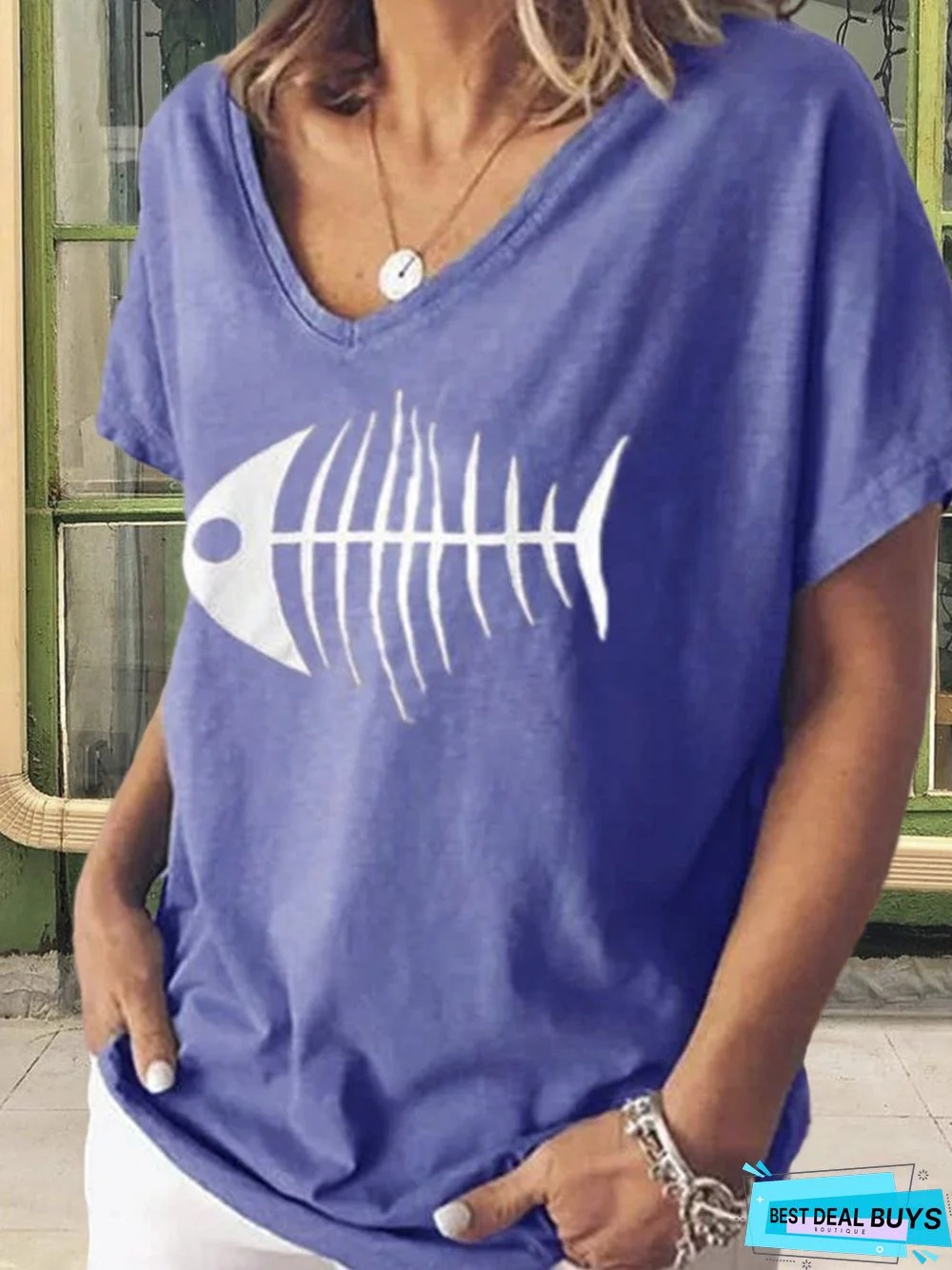 Cotton-Blend V Neck Short Sleeve Casual T-shirt