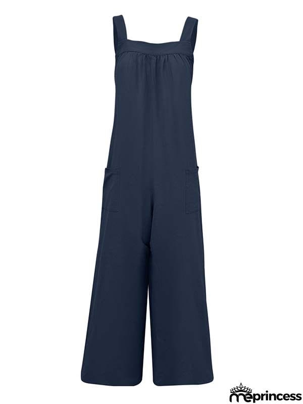 Casual Loose Sleeveless Solid Color Square-Neck Overalls