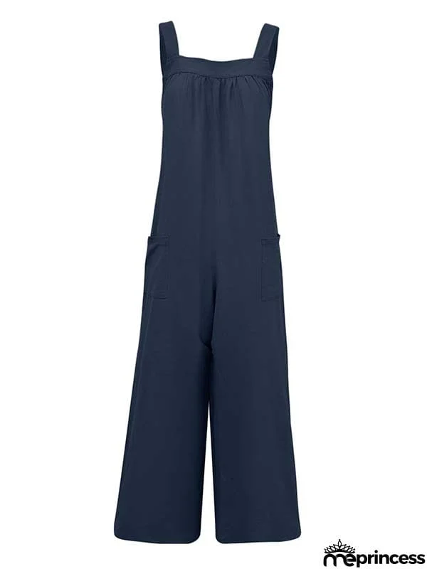 Casual Loose Sleeveless Solid Color Square-Neck Overalls
