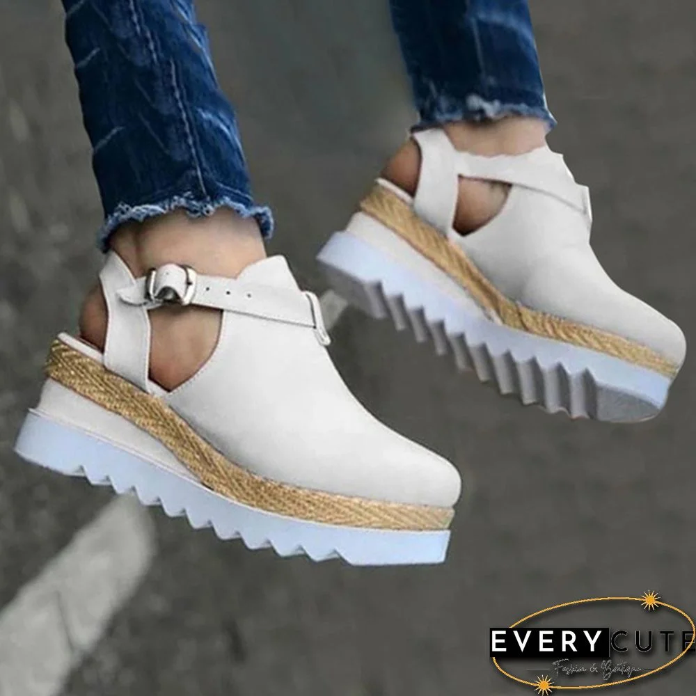 Summer Womens Sweet High Heel Wedge Platform Sandals Metal Button Shoes