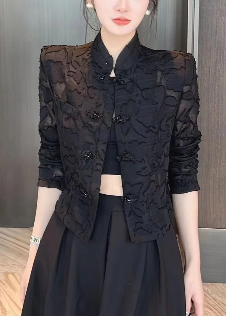 Slim Fit Black Stand Collar Embroideried Lace UPF 50+ Coats Long Sleeve