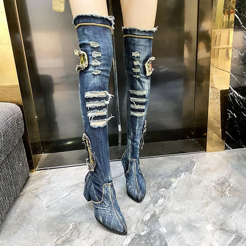 Yyvonne 2022 New Women Thigh High Boots Pointed Toe Chunky High Heel Over the Knee Boots Slim Fit  Jean Botas Mujer Elastic Denim Shoes