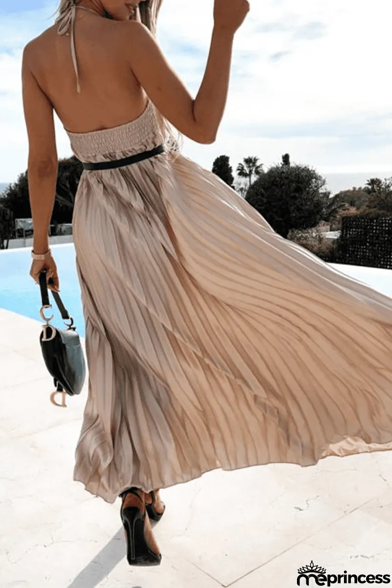 Pleated Halter Neck Backless Maxi Dress